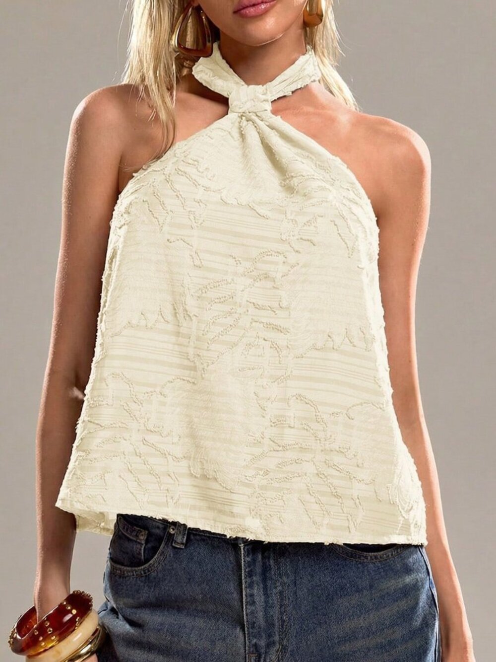 White Casual Women's Textured Halter Neck Camisole - Picture 4 of 6